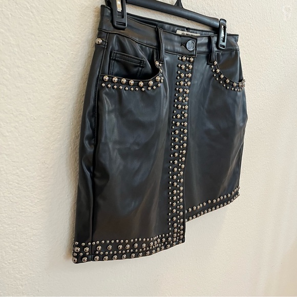 Black Studded Faux Leather Mini Skirt Asymmetrical Hem Rock Chic Y2K Staple - Picture 4 of 16